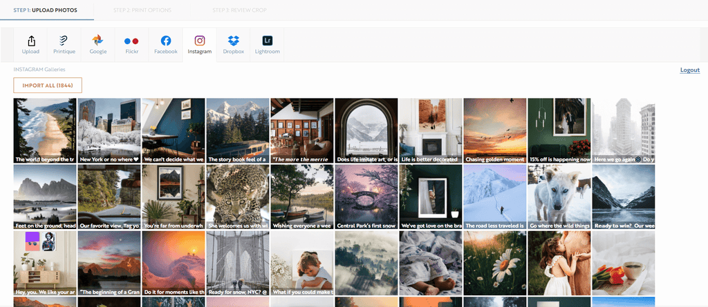 A preview of the Instagram sync feature used to create social media prints.